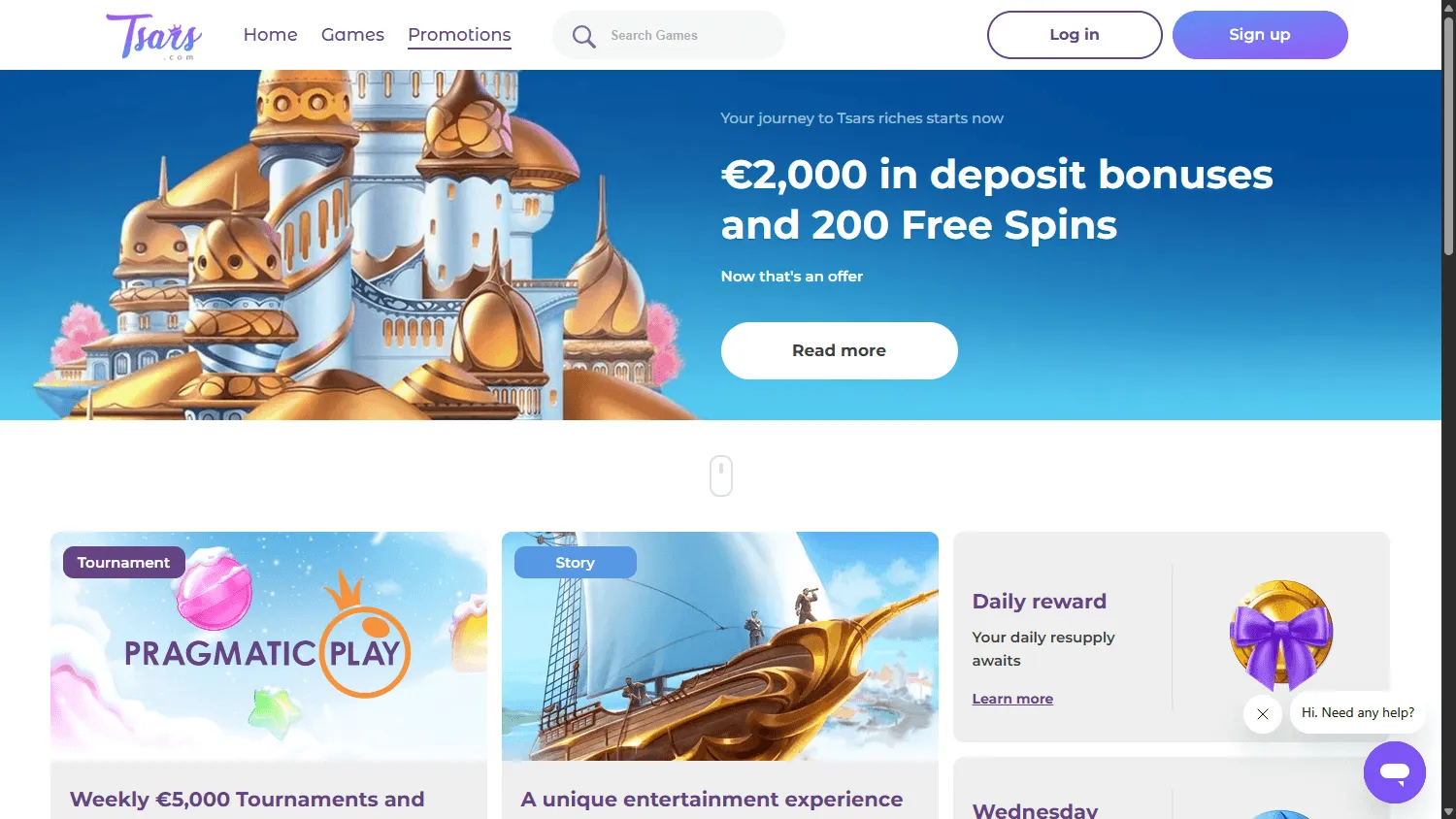 Tsars Casino promotions screen on desktop