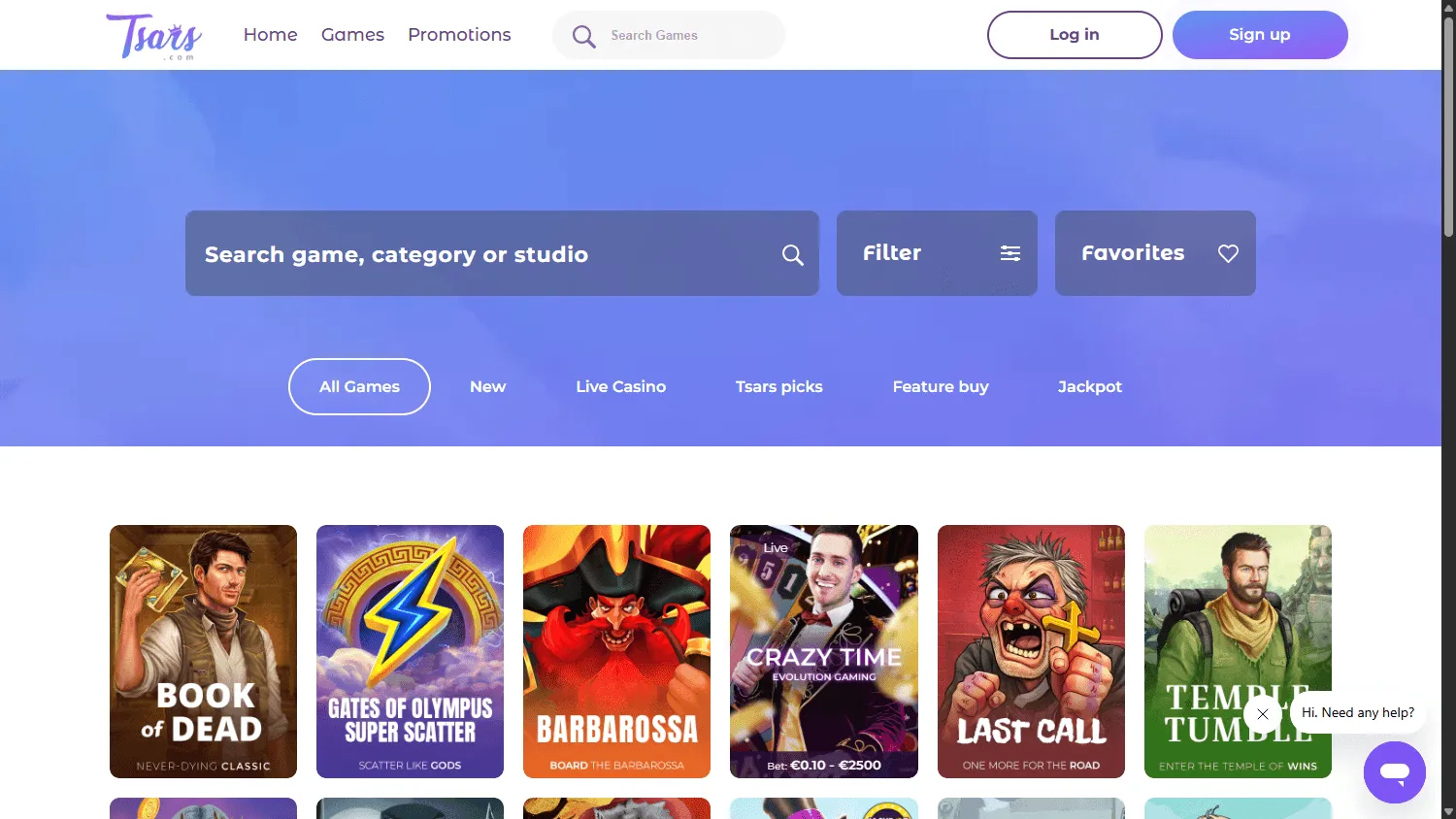 Tsars Casino games screen on desktop