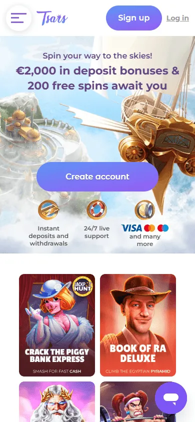 Tsars Casino home screen on a mobile device