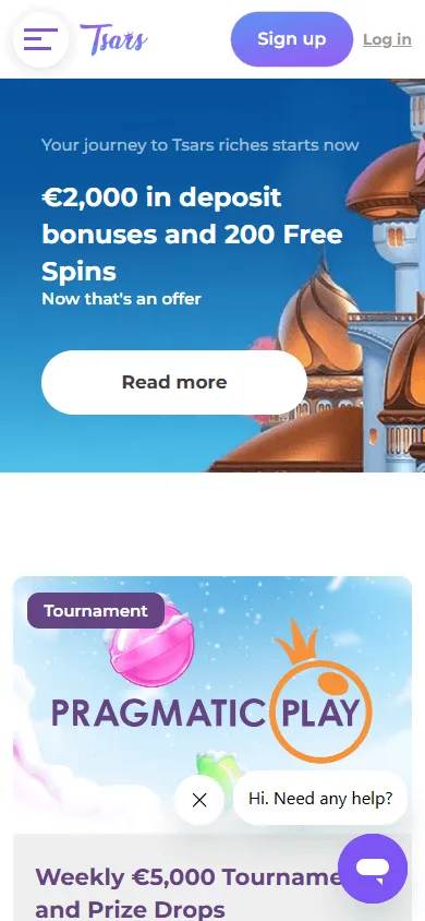 Tsars Casino promotions screen on a mobile device