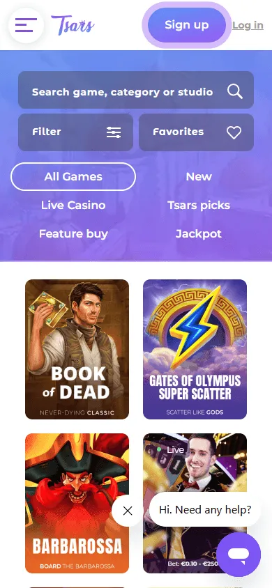 Tsars Casino games screen on a mobile device